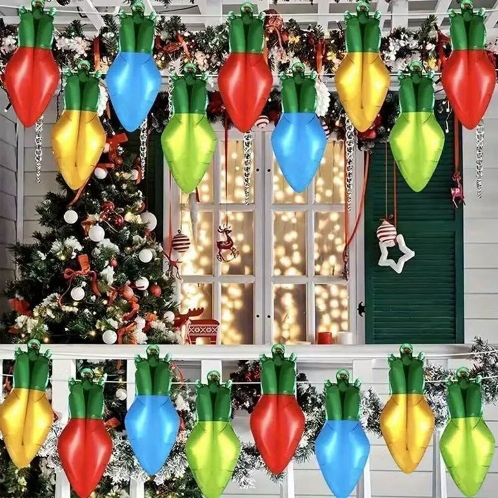18pcs 17.2-Inch Festive Holiday Christmas Light Bulb Foil Balloon Set w Ribbons